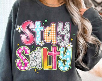 Stay Salty PNG, Retro Floral Summer Shirt Design, Cute Beach Sublimation PNG, Summer Vibes Png, Preppy Summer Png, Coquette Pearl Bow Png