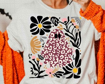 Boho Ghost PNG, Różowy Lampart Halloween Sublimacja, Kwiatowy Upiorny Sezon Koszulka Projekt, Uroczy Pastelowy Duch Grafika, Preppy Jesień Pobierz