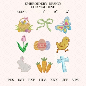May include: Embroidery designs for machine use, featuring Easter-themed motifs. Designs include a basket of eggs, a bow, a butterfly, a tulip, decorated eggs, a chick, a rabbit, carrots, and a cross. Sizes range from 1 to 3 inches.