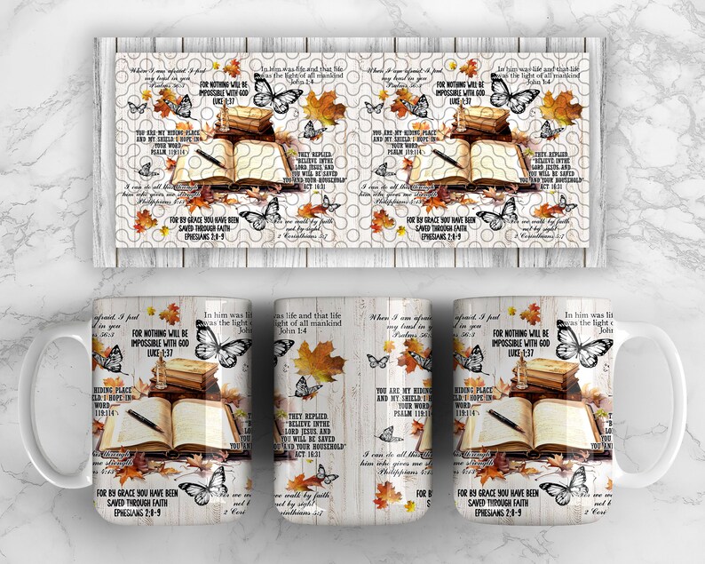 May include: A white ceramic mug with a fall-themed design. The mug features a stack of books, a pen, and butterflies. The design includes the text "For nothing will be impossible with God" and "For by grace you have been saved through faith".