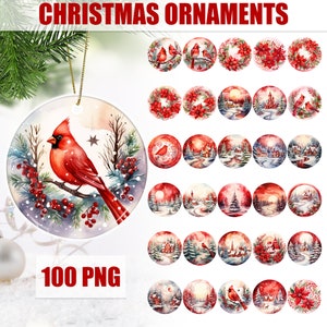 Pacote PNG de enfeite de Natal redondo tradicional vermelho, designs de enfeites de sublimação, árvore, trem, meia, lareira, guirlanda, caminhão vintage