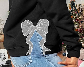 Diseño de bordado de sudadera con lazo lateral, lazo blanco con purpurina, diseño de bordado navideño, descarga instantánea, aplique de lazo, motivo/acolchado