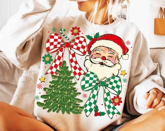 Santa Coquette Christmas Png, Plaid Christmas Bow Png, Floral Preppy Christmas Tree Png, Merry Christmas Girly Png, Vintage Santa Png Design