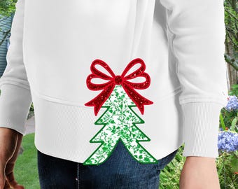 Side Bow Applique Sweatshirt Embroidery Design, Chinoiserie Christmas Tree, Christmas Embroidery Design,Instant Download, Bow Applique