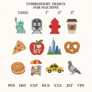 Puede incluir: Diseño de bordado a máquina con iconos de Nueva York. Incluye la Estatua de la Libertad, un tren subterráneo, una boca de incendios, una taza de café, una porción de pizza, una manzana "I ❤️ NY", el World Trade Center, un pretzel, un bagel, un carrito de hot dogs, un taxi y una paloma.