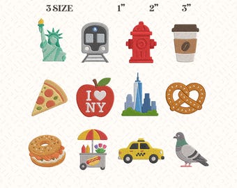 NYC Girlcore Embroidery Designs Set of 12 | New York Mini Icons | Taxi Broadway Bagel Coffee | Machine Embroidery Files Instant Download