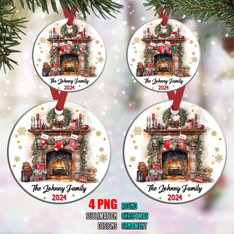 May include: Four round white Christmas ornaments with a gold glitter background and a watercolor illustration of a fireplace with stockings hanging from the mantle. The text "The Johnny Family 2024" is printed on each ornament.