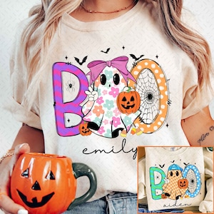 Personalized Halloween Kids Name Png, Retro Boy Girl Boo png, Ballcap, Coquette Bow, Halloween Boy/ Girl, Hand Drawn, Spooky Season Png