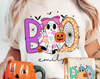 Personalized Halloween Kids Name Png, Retro Boy Girl Boo png, Ballcap, Coquette Bow, Halloween Boy/ Girl, Hand Drawn, Spooky Season Png