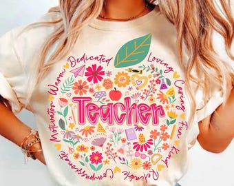 Retro Floral Teacher png, Teacher Appreciation, Teacher Png Sublimation, Teacher Shirt Design, Spring Boho Wildflowers Png, Digital Download