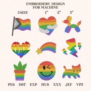 May include: Embroidery design for machine featuring nine rainbow-colored icons: a progress pride flag, a heart being hugged, a balloon dog, a heart with the word PRIDE, a shooting star, three lightning bolts, a potted plant, a smiley face, and a cat.