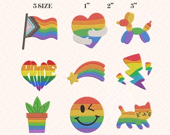 May include: Embroidery design for machine featuring nine rainbow-colored icons: a progress pride flag, a heart being hugged, a balloon dog, a heart with the word PRIDE, a shooting star, three lightning bolts, a potted plant, a smiley face, and a cat.