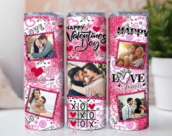Love Valentines Day 20oz Skinny Tumbler Png, Photo Pink Glitter Hearts Tumbler Sublimation, Couple Valentine,Add Your Own Photo Digital File