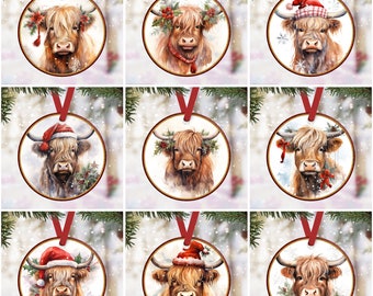 Highland Cow Christmas Ornaments Sublimation Designs Xmas Ornaments PNG Design Round Ornament Clipart Xmas Decorations Instant Download File