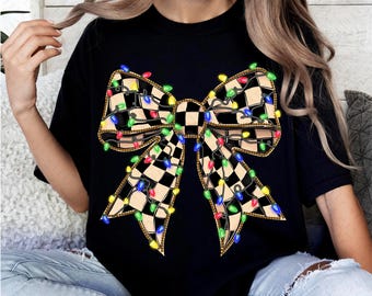 Coquette Christmas Shirt Sublimation Christmas Lights Bow PNG Merry Christmas Sweatshirt Digital Print PNG Checkered Christmas Coquette PNG