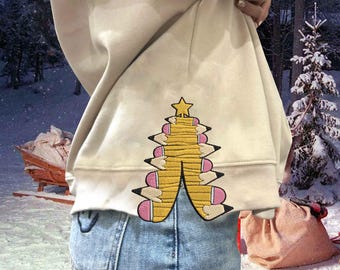 Side Bow Applique Sweatshirt Embroidery Design, Christmas Pencil Tree Teacher, Christmas Embroidery Design,Instant Download, Bow Applique