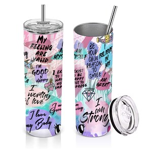 20oz Skinny Straight Positive Affirmation Tumbler Sublimation Design, Self Care Tumbler Straight PNG Digital Download, I Am Strong Tumbler