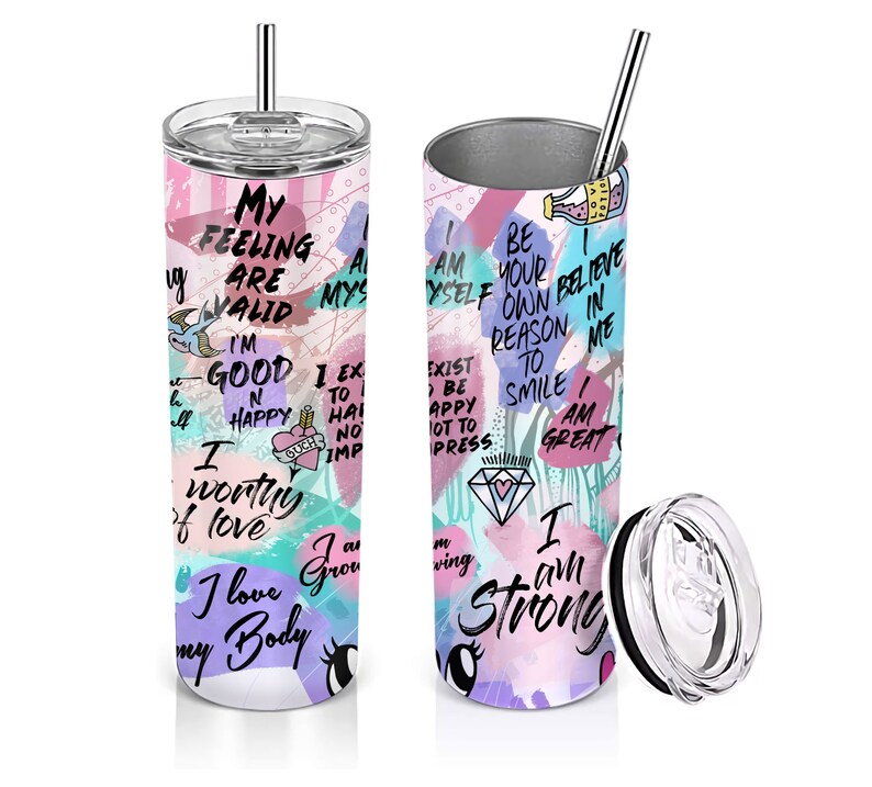 20oz Skinny Straight Positive Affirmation Tumbler Sublimation Design, Self Care Tumbler Straight PNG Digital Download, I Am Strong Tumbler