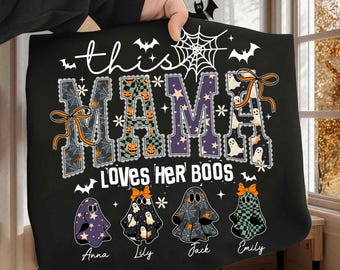 Preppy This Mama loves her little boos Png, Pumpkin Bats Faux Glitter PNG, Ghost Kids Custom Name Halloween Mama Png, Fall Png, Trendy Png