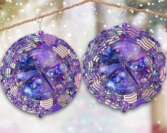 May include: Purple and silver metal wind spinner with a dragonfly design. The dragonfly has iridescent wings and is surrounded by a swirling pattern of purple and silver.