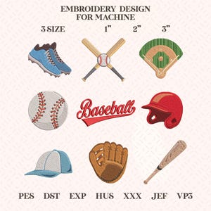 Può includere: Un disegno di ricamo per macchina con elementi a tema baseball. Include una palla da baseball, mazze incrociate, un campo da baseball, un casco, un berretto, un guanto, una mazza e tacchetti. La parola "Baseball" è scritta in rosso.