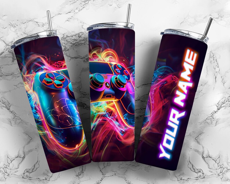 Game Controller 20 Oz Skinny Tumbler Sublimation Design Neon Gamer Name ...