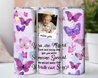 Memorial 20 oz skinny tumbler sublimation design Someone special Pink Butterfly glitter Photo frame PNG Straight wrap Waterslide download