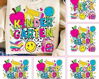 Retro Back to School PNG Bundle, Pierwszy dzień szkoły Sublimacja, Projekty od przedszkola do trzeciej klasy, Clipart na koszulkę nauczyciela