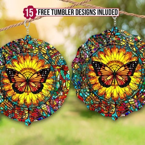 Butterfly Wind Spinner Stained Glass Sublimation Design Template, Wind Spinner SVG, 10 inch Round Sublimation, Round Hanging Spinners png