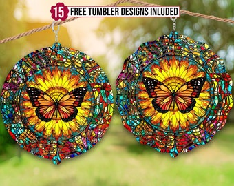Butterfly Wind Spinner Stained Glass Sublimation Design Template, Wind Spinner SVG, 10 inch Round Sublimation, Round Hanging Spinners png