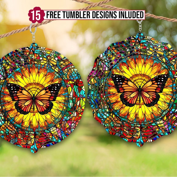 Butterfly Wind Spinner Stained Glass Sublimation Design Template, Wind Spinner SVG, 10 inch Round Sublimation, Round Hanging Spinners png