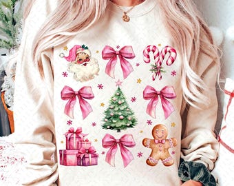 Coquette Natale PNG Bastoncino di zucchero Fiocchi rosa Babbo Natale Albero di Natale Regali Pan di zenzero Regali Design retrò rosa di Natale per bambini Natale femminile