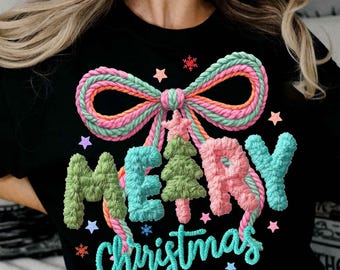 Feliz Natal PNG, Fio de Gancho de Trava PNG, Sublimação de Natal com Fio Sintético, Camisa de Árvore de Crochê Preppy, Laço Coquete PNG, Download Digital