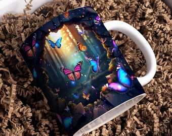 3D Neon Butterfly Hole In A Wall Mug Wrap, 11oz & 15oz Mug Design, Flower Mug Sublimation Design, Mug Wrap Template PNG, Coffee Mug, Neon