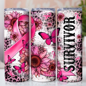 Breast Cancer Survivor 20 oz Skinny Tumbler Sublimation Design Digital Download PNG Instant DIGITAL ONLY, Pink Ribbon Awareness Tumbler