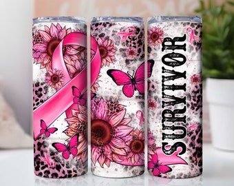 Breast Cancer Survivor 20 oz Skinny Tumbler Sublimation Design Digital Download PNG Instant DIGITAL ONLY, Pink Ribbon Awareness Tumbler