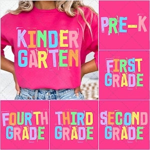 Preppy Back to School Floral Bundle PNG, First Day of School Designs, Kindergarten to Third Grade, Retro Teacher Shirt Neon Sublimation