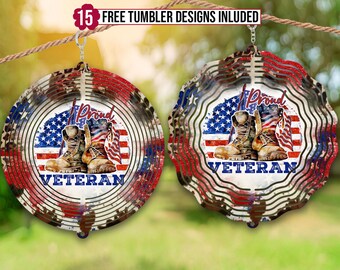 May include: A metal wind spinner with a camouflage pattern and red, white, and blue accents. The spinner features a pair of boots, an American flag, and the text "Proud Veteran".