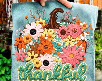 Floral Pumpkin Latch Hook Yarn Crochet PNG, Boho Thanksgiving Pumpkin Shirt Design, Preppy Thankful Fall Png, Faux Yarn Autumn File