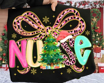 Christmas Nurse PNG – Coquette Sublimation Design with Leopard Bow, Santa Hat, Gingerbread, Tree & Glitter Letters, Holiday Gift for RN