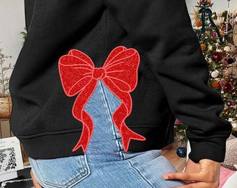 Design de bordado de moletom com aplique de laço lateral, laço vermelho brilhante, design de bordado de Natal, download instantâneo, aplique de laço, motivo/acolchoado