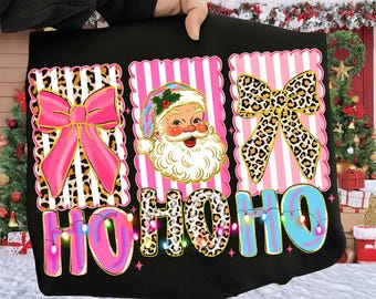 Leopard Coquette Christmas Ho Ho Ho Png, Merry and Bright Png, Preppy Santa Claus png, Sublimation, Christmas Glitter, Girly, Brushstroke