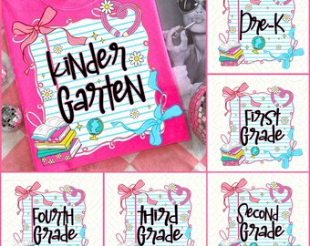 Pacchetto Ritorno a Scuola PNG, Design per Maglietta Primo Giorno di Scuola per Insegnanti Preppy, Sublimazione Girly Coquette, Fiocco Rosa per Bambini in Età Prescolare 1a/2a/3a/4a Elementare