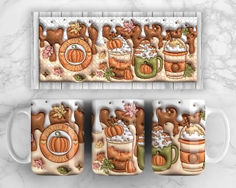 3D Pumpkin Inflated Mug Wrap Sublimation Design 11oz & 15oz, Puff Spice Life Mug PNG, Mug Sublimation Designs, Mug Template For Sublimation
