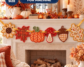 In The Hoop Fall Banner Embroidery Bundle, Fall Pumpkin Acorn Mushroom Leaf Applique Embroidery, ITH Project Machine File, Instant Download