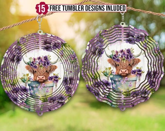 Purple Floral Baby Highland Cow Wind Spinner Sublimation Design, Wind Spinner Png Sublimation Design, Digital Download, Garden Wind Spinner