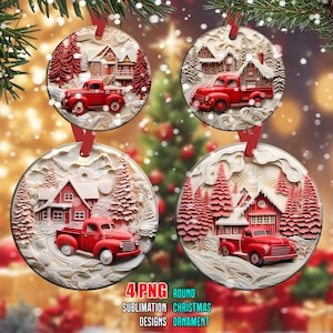 3D Red Truck Ornament Sublimation PNG, 300 dpi, Instant Digital Download, Christmas Round Ornament PNG, Christmas Farmhouse Ornament