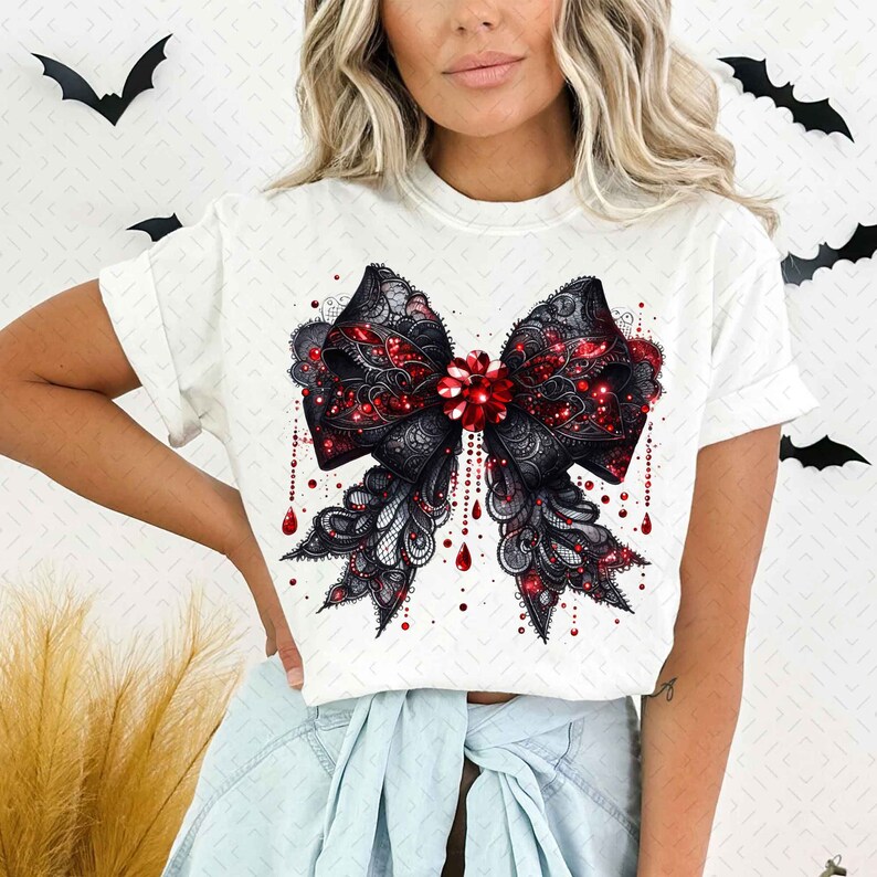 Coquette Halloween Png, Vampire Png, Coquette Halloween Bow Png, Bloody Gothic Lace Bow Png, Spooky Season Png, Halloween Shirt Design image 2