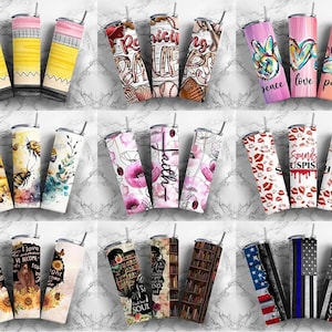 May include: Set of 12 colorful stainless steel tumblers with various designs. The designs include: pencils, baseball, peace sign, love heart, paw print, bees, flowers, faith, lips, a dripping blood design, sunflowers, books, and American flags.