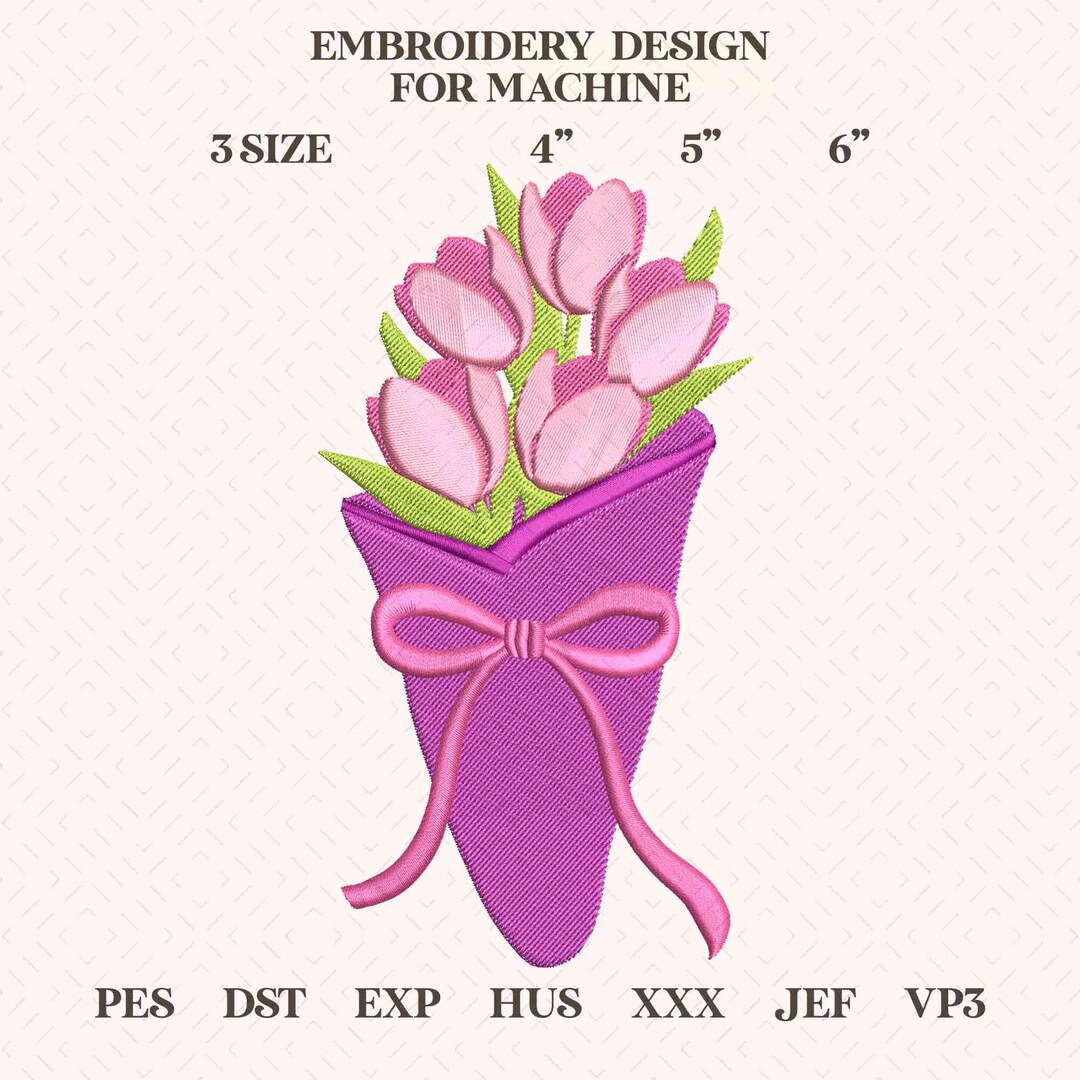 Pink Tulip Flower Embroidery Design, Spring Floral Machine Embroidery ...